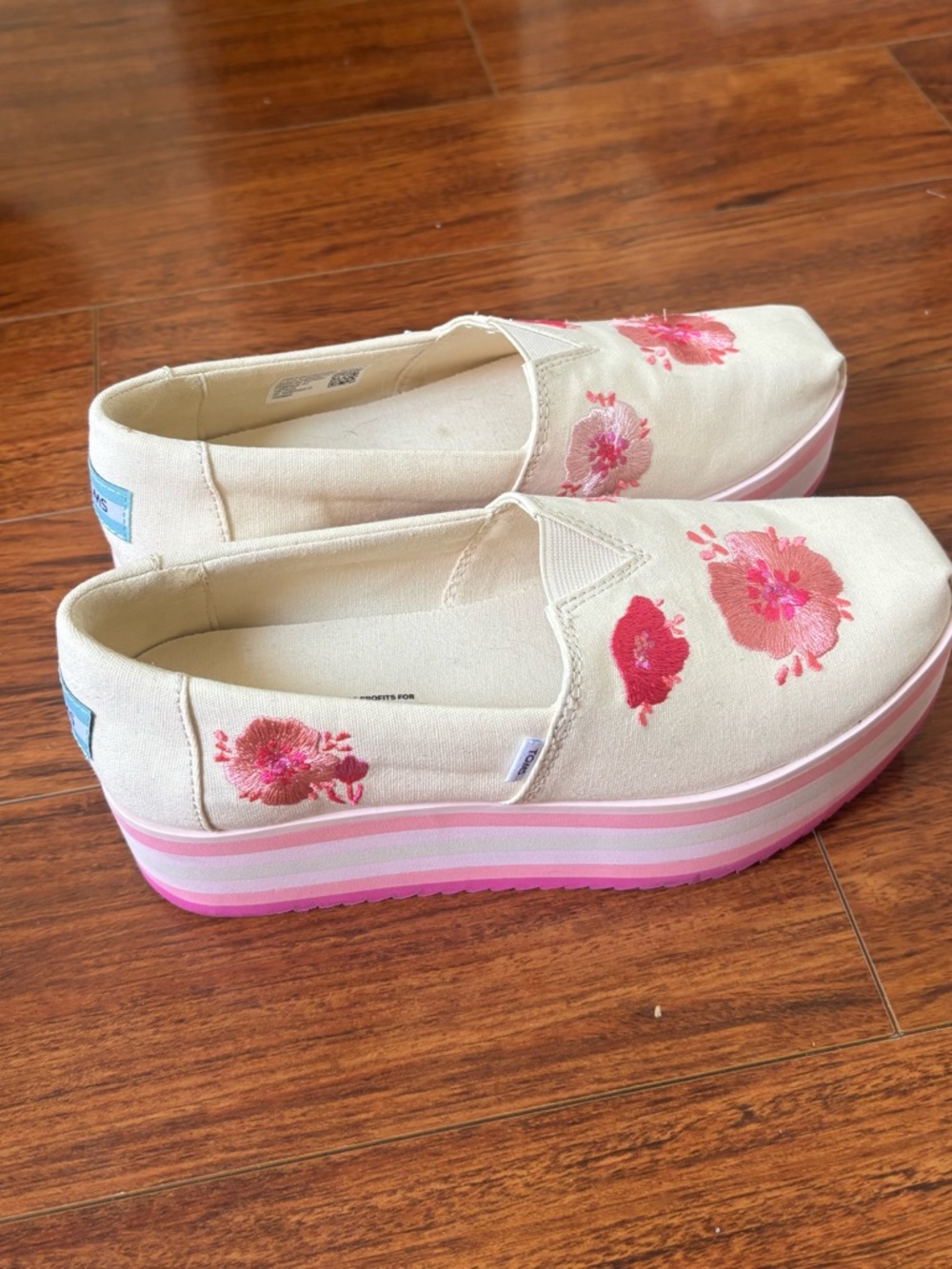 TOMS Cream Canvas Platform Slip-Ons with Pink Floral Embroidery - Picture 6 of 12